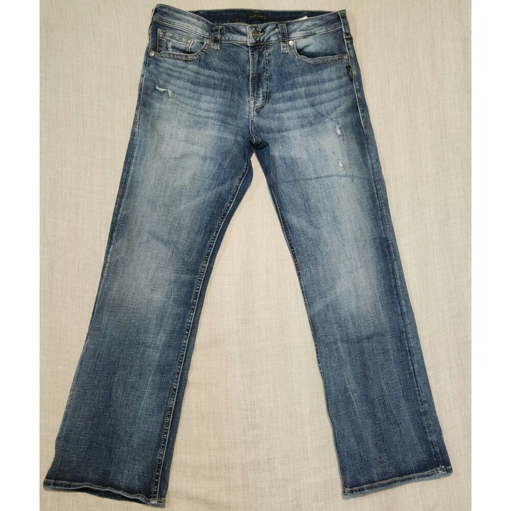 Silver Zac Bootcut Jeans Mens 34x31 Blue Relaxed Fit Pockets Western Whiskering